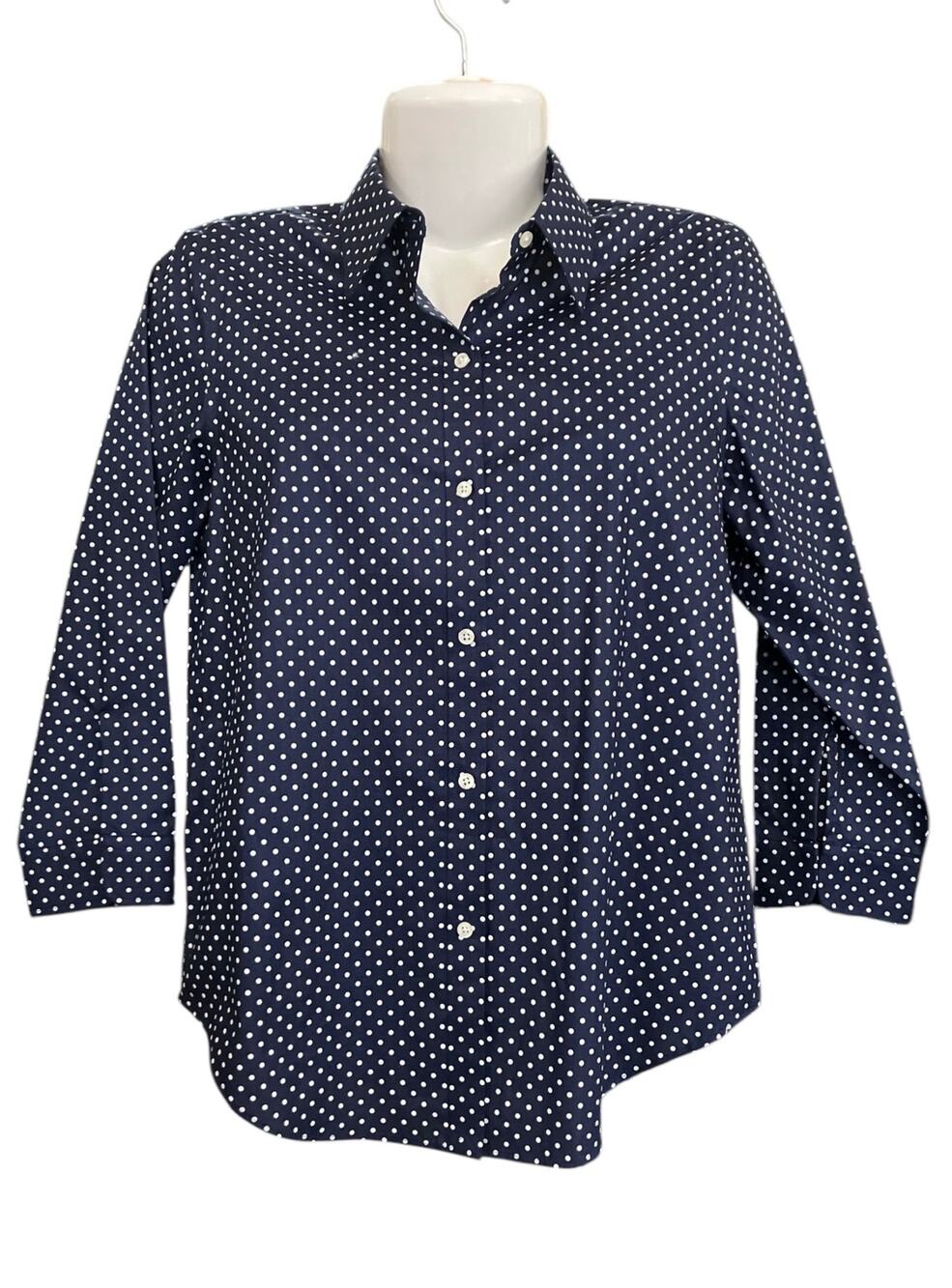 Lauren Ralph Lauren Women's Navy Polka Dot Non-Iron Cotton Button-Up Top Size M